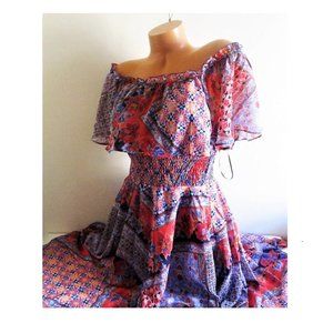 Chiffon Off Shoulder Dress Size 10 12 Handkerchief Hem $99
